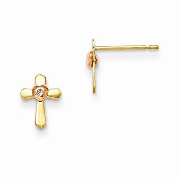 14k Yellow Gold Yellow Rose Gold Childrens Cross Heart Post Earrings