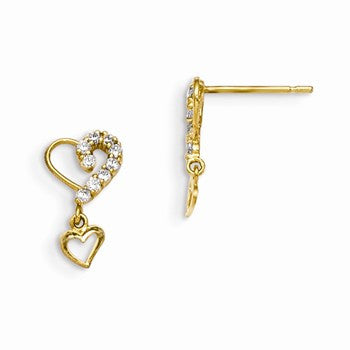 14k Yellow Gold CZ Childrens Heart Dangle Post Earrings