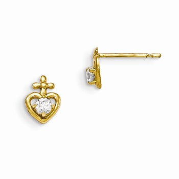 14k Yellow Gold CZ Childrens Heart Cross Post Earrings