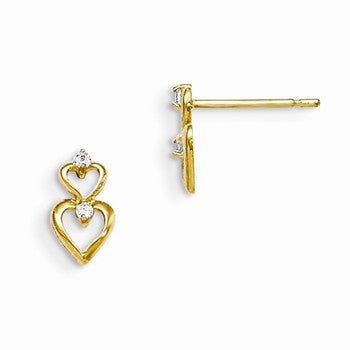 14k Yellow Gold CZ Childrens Hearts Post Earrings