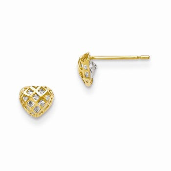 14k Yellow Gold CZ Diamond-cut Childrens Heart Post Earrings