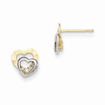 14k Yellow Gold Two-tone CZ Childrens Heart Post Earrings