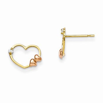 14k Yellow Gold Yellow Rose CZ Gold Childrens Heart Post Earrings