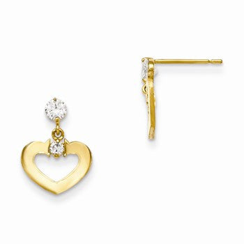 14k Yellow Gold CZ Childrens Heart Dangle Post Earrings