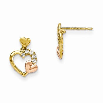 14k Yellow Gold Yellow Rose Gold CZ Heart Dangle Post Earrings