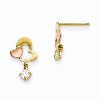 14k Yellow Gold Yellow Rose Gold CZ Heart Dangle Post Earrings