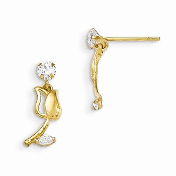 14k Yellow Gold CZ Childrens Tulip Dangle Post Earrings