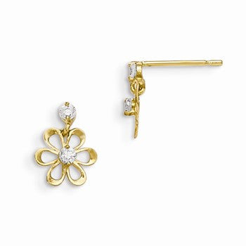 14k Yellow Gold CZ Childrens Flower Dangle Post Earrings