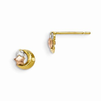 14k Yellow Gold Yellow Rose Gold CZ Moon & Star Post Earrings