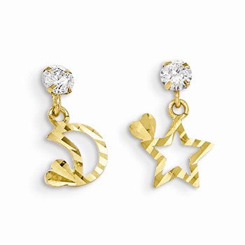 14k Yellow Gold CZ Diamond-cut Childrens Star & Moon Dangle Post Earrings