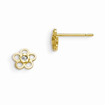 14k Yellow Gold CZ Diamond-cut Childrens Flower Post Earrings