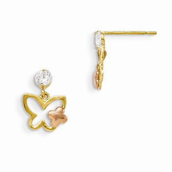 14k Yellow Gold Yellow Rose Gold CZ Butterfly Dangle Earrings