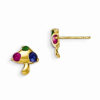 14k Yellow Gold Multicolor CZ Childrens Mushroom Earrings