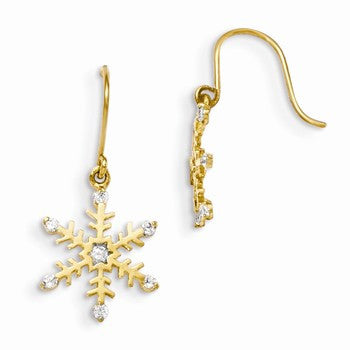 14k Yellow Gold CZ Childrens Snowflake Dangle Earrings