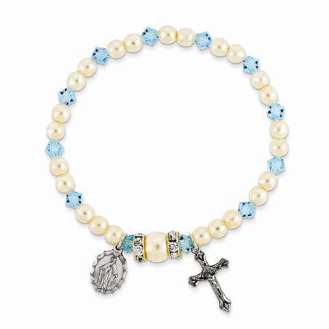 March Crystal & Faux Pearl Stretch Miraculous & Crucifix Bracelet