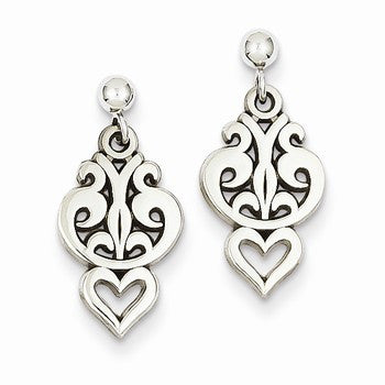 14k White Gold Filigree Heart Dangle Earrings