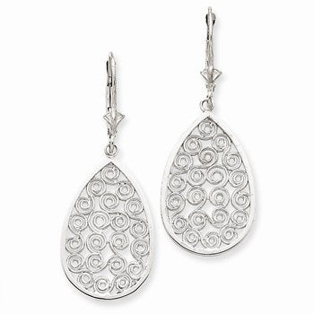 14k White Gold Teardrop Filigree Dangle Leverback Earrings