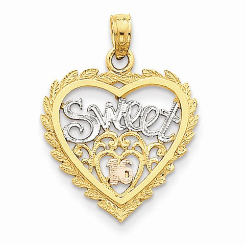 14k Gold Yellow & Rose Gold w/Rhodium Sweet 16 Heart Pendant, Pendants for Necklace