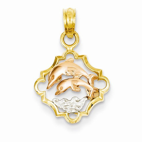 14k Gold & Rose Gold w/Rhodium Double Dolphins in Frame Pendant, Pendants for Necklace