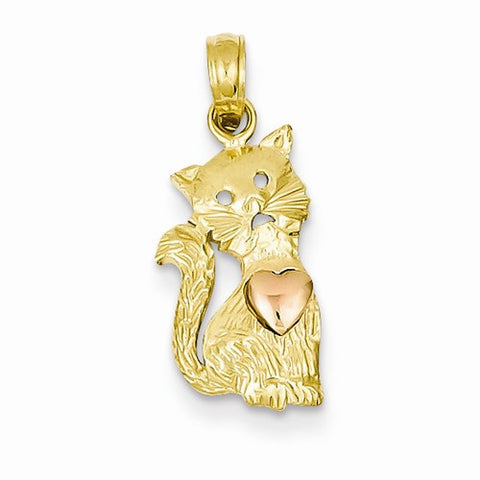 14k Gold Two-tone Cat with Heart Pendant, Pendants for Necklace