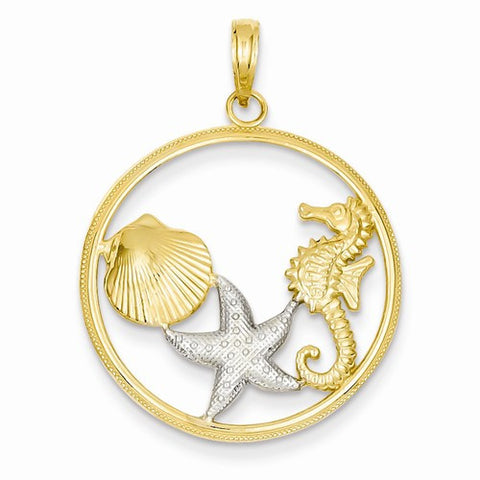 14k Gold & Rhodium Diamond-cut Sea Life Round Pendant, Pendants for Necklace