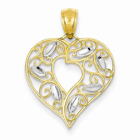 14k Gold & Rhodium Diamond-cut Leaves Heart Pendant, Pendants for Necklace