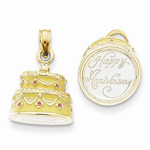 14k Gold 3-D Yellow Enameled Happy Anniversary Cake Pendant, Pendants for Necklace