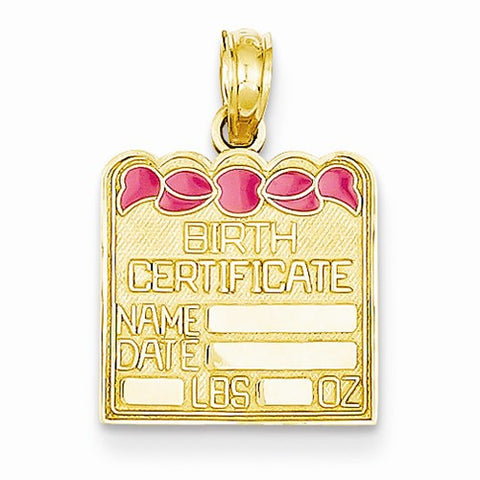 14k Gold Pink Enameled Birth Certificate Pendant, Pendants for Necklace