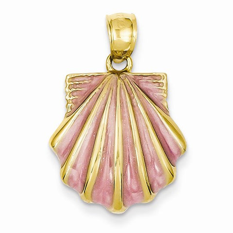 14k Gold 2-D Pink Enameled Scallop Shell Pendant, Pendants for Necklace