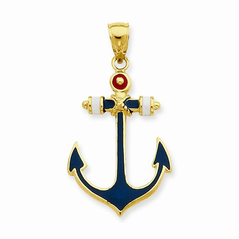 14k Gold 2-D Red, White, and Blue Enameled Anchor Pendant, Pendants for Necklace