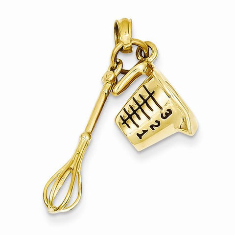 14k Gold 3-D Black Enameled Measuring Cup and Whisk Pendant, Pendants for Necklace