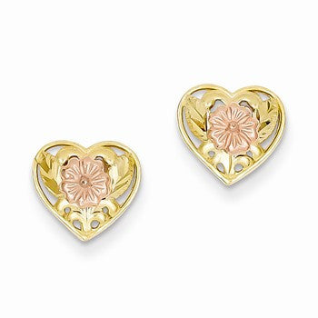 14k Two-tone Pink Flower Heart Post Earrings