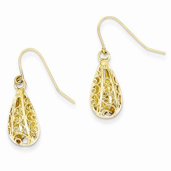 14k Yellow Gold 3-D Diamond-cut Teardrop Dangle Wire Earrings