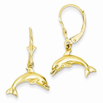 14k Yellow Gold Jumping Dolphin Leverback Earrings