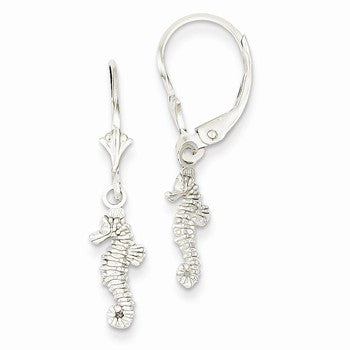 14k White Gold 3-D Mini Seahorse Leverback Earrings