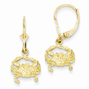 14k Yellow Gold Blue Crab Leverback Earrings