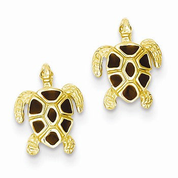 14k Yellow Gold Brown Enameled Sea Turtle Post Earrings