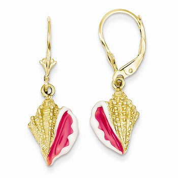 14k Yellow Gold Enameled Conch Shell Leverback Earrings