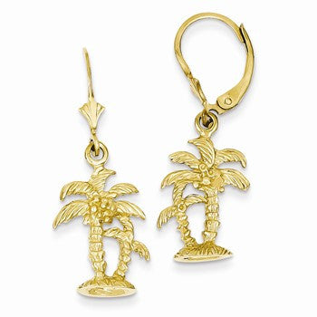 14k Yellow Gold Yellow Gold 3-D Double Palm Trees Leverback Earrings