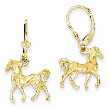 14k Yellow Gold 3-D Horse Leverback Earrings