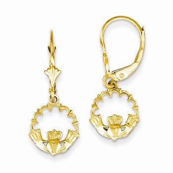 14k Yellow Gold Claddagh in Circle Leverback Earrings