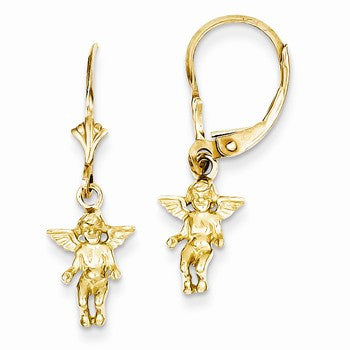 14k Yellow Gold 3-D Mini Guardian Angel Leverback Earrings