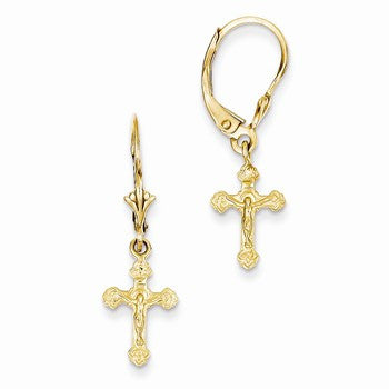 14k Yellow Gold Crucifix with Fancy Tip Leverback Earrings