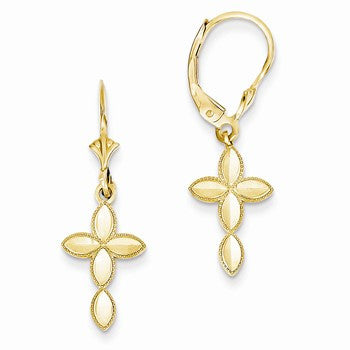 14k Yellow Gold Diamond-cut Cross with Beaded Edge Leverback Earrings