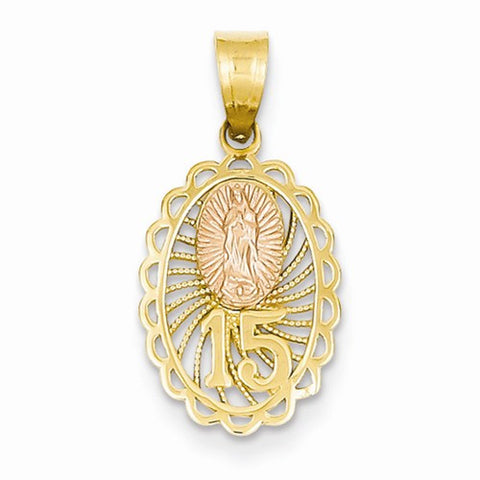 14k Gold Yellow & Rose Gold w/ Rhodium Guadalupe & 15 Charm