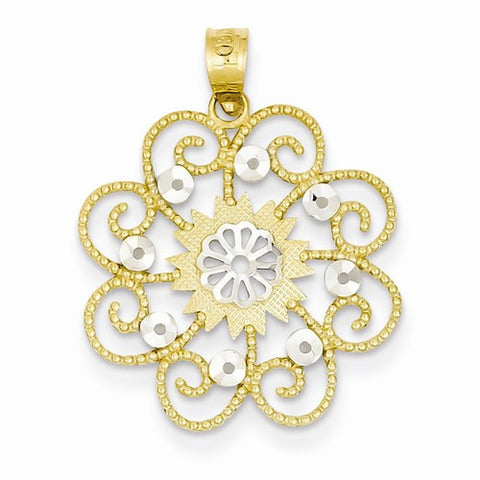 14k Gold & Rhodium Diamond-cut Swirl Round Pendant, Pendants for Necklace