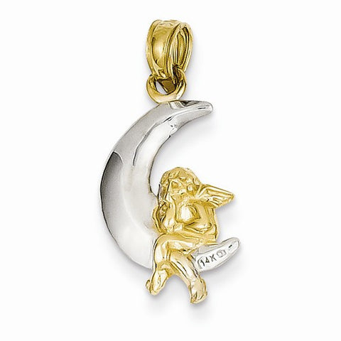 14k Gold & Rhodium Polished Moon w/ Angel Pendant, Pendants for Necklace