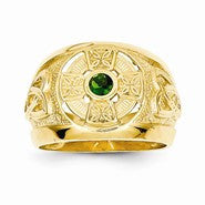 14k Yellow Gold Mens Celtic Cross with Green Synthetic Stone Center Ring