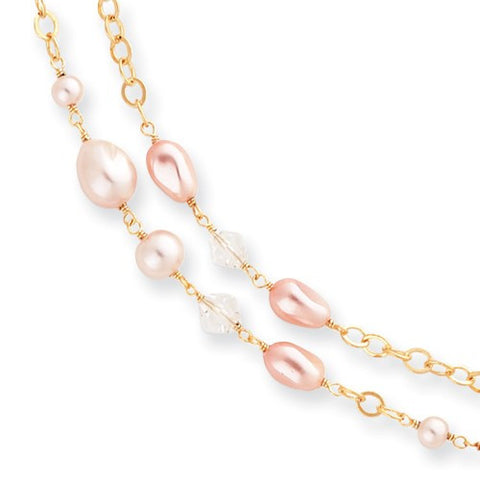 Gold-Plated Pink Glass Pearl and Crystal Necklace