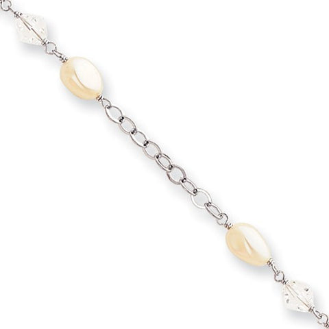 Rhodium-Plated White Glass Pearl and Crystal Bracelet